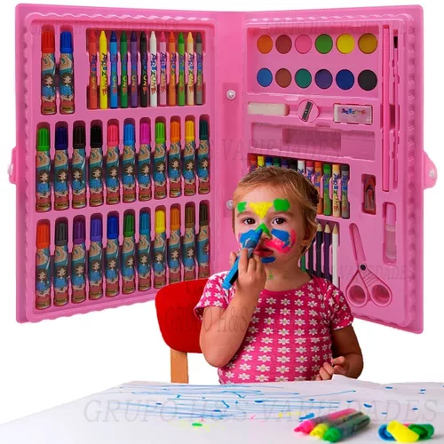 Estojo De Pintura Com 98 Peças Para Meninas Kit Escolar Rosa 98 Peças  Estojo Maleta Pintura Desenhar