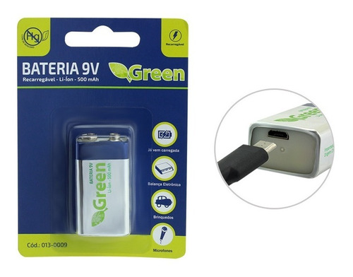 Bateria Recarregável 9v Usb Original Green - 500mah