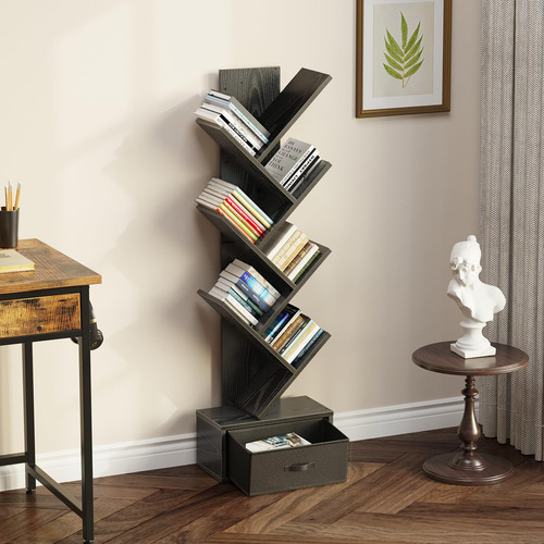 Estantería De Árbol Para Libros, 6 Niveles Librero Vertical Negro
