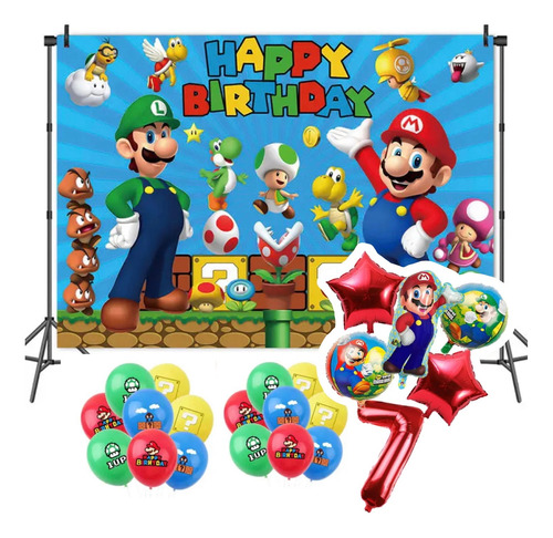 Mario Bros Cotillón Decoración Telón + 26 Globos Mario Bros