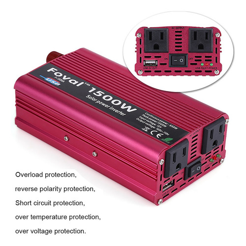 Inversor De Onda Sinusoidal Pura 1500w 12v/110v Dos Enchufe