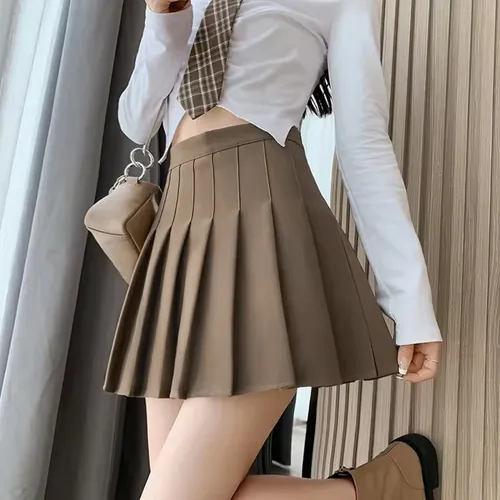 . Elegante De Falda Plisada A Color Sólido Tableada Con