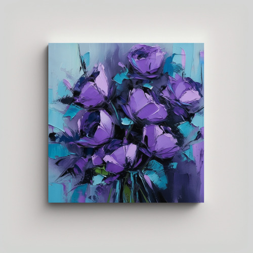 20x20cm Cuadro Flores Púrpuras Y Turquesas En Bellas Línea