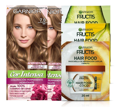 Pack Coloracion 7.0 Rubio  Corintensa + 3x Hair Food Sachet