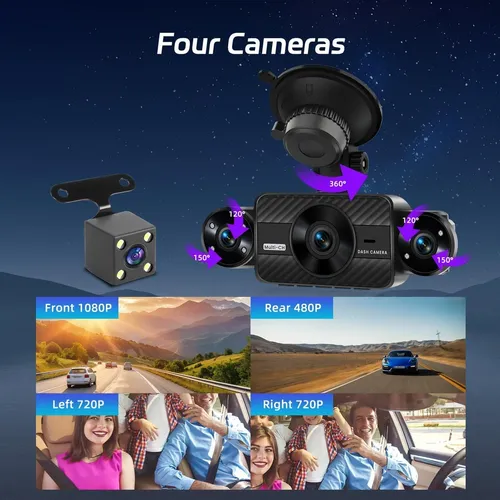 Cámara Dashcam 4 Canales Con Pantalla De 3,16″ – Visión Nocturna 8R, Grabación En Bucle Y Detección De Movimiento Para Coche (Grabación 360°)