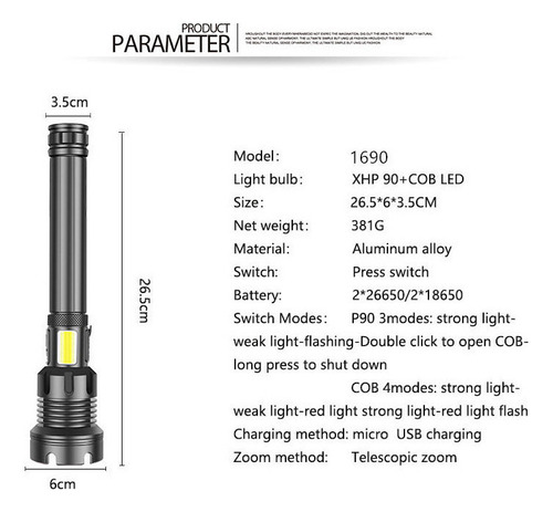 Linterna P90 Recargable Por Usb Con Luz Exterior