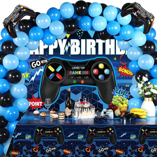 Kit Decoracion Fiesta Videojuegos Fondo Mantel Globos Acceso