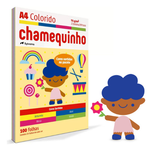 Papel Sulfite  Colorido 4 Cores 100 Folhas Chamequinho