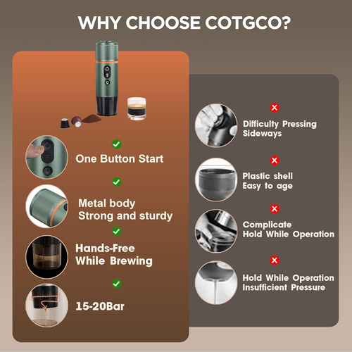Cafetera Espresso Portátil Cotgco, Verde Bosque, 12v, 320ml