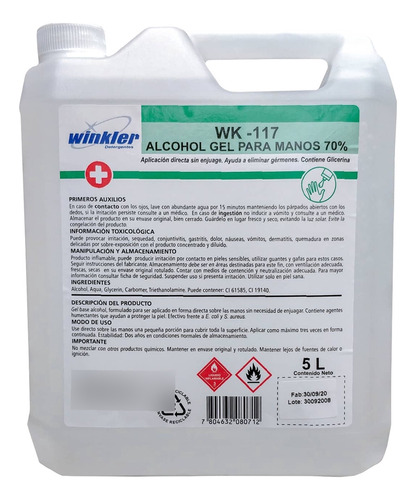 Alcoholgel Winkler 70% - Bidón 5 Litros - Certificado Isp