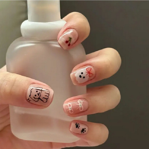 24 Pz Uñas Postizas Tips Lazo Cachorro Nude Nails Press On Nude Lazo De Cachorro