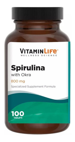 Spirulina Con Okra / 800mg / 100 Cápsulas / Vitamin Life Sabor Sin Sabor