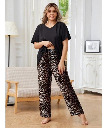 Conjunto De Pijama Con Estampado De Leopardo De Talla Grande