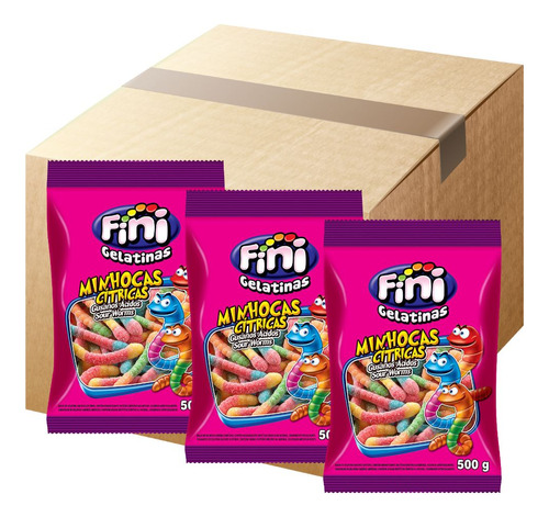 Gelatinas Fini Minhocas Cítricas 500g Kit 3 Pacotes