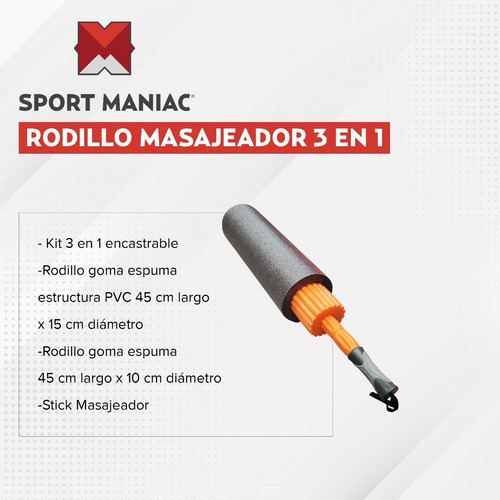 Imagen 2 de 4 de Set Foam Roller Rolo Rodillo Masajeador 3 En 1 Yoga Pilates
