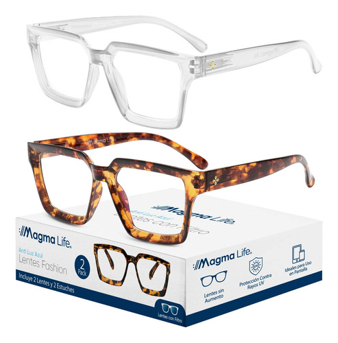 Set de 2 Lentes Para Computadora Magma Life con Filtro Antiluz Azul y Protección UV400 Ligeros, Resistentes, Sin Aumento, Incluye 2 Estuches Elegantes, diseño cuadrado ideal para todo tipo de rostro