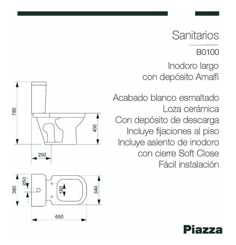 Imagen 2 de 7 de Inodoro Largo Deposito Dual Tapa Amalfi Piazza Cuotas