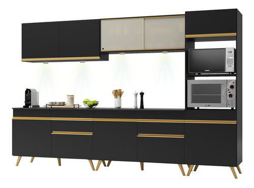 Armário Cozinha Compacta 302cm Veneza Up Multimóveis V2014 Cor Preto/Dourado