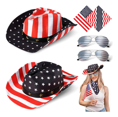 6 Sombreros De Vaquero Con Bandera Americana Con Bandana