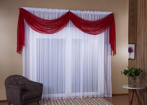 Cortinas Sala 6,00m X 2,80m Voil Com Bando Branco/vermelho