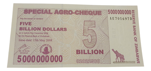 Zimbabwe Billete 5 Billion Dolar Agrocheque Sin Circular Unc