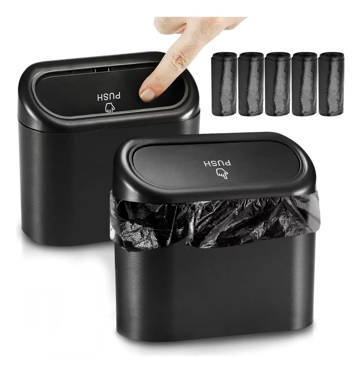 LYAKIXAZY Pack de 2 Botes de Basura Compactos para Auto con Tapa, 5 Rollos de Bolsas y Material ABS, Cubo de Basura Universal para Carro con Tapa, Mini Bote de Basura PortĂĄtil para Coche Oficina Hogar