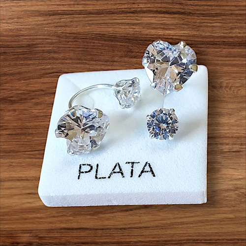 Arete Doble Corazón Zirconia Blanca Plata 925