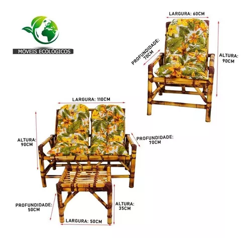 Jogo de 4 Cadeiras Mesa de Bambu Para Area Varanda Bambu Flor Rosa -  Confort Decor