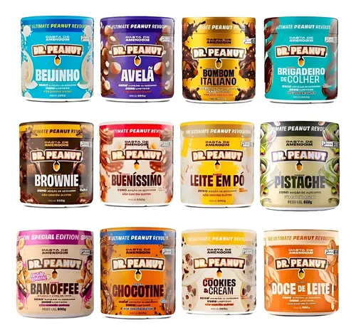 Grade de potes com 12 sabores diferentes da pasta de amendoim Dr. Peanut