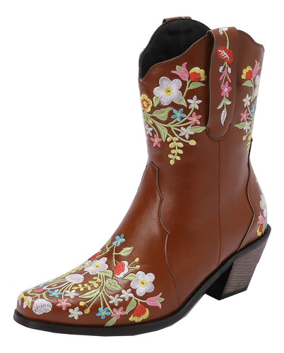 I New Winter Cowboy Botas Bordadas Con Flores De Tacón Grues