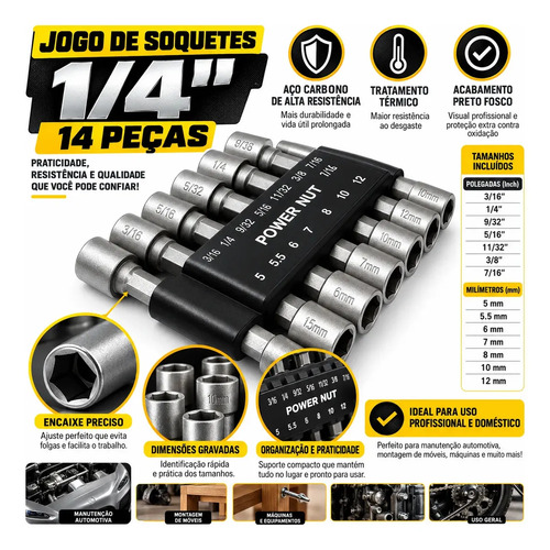 Conjunto Jogo Soquetes 14 Peças Para Parafusadeira Hexagonal
