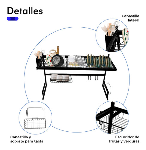 Escurridor Trastes Alto Fregadero 2 Niveles Acero Inoxidable Negro
