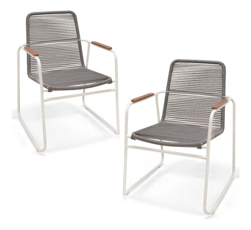 Set 2 Sillas De Cuerda De Algodon Con Estructura De Aluminio Color gris Color de la estructura de la silla Blanco Color del asiento Gris