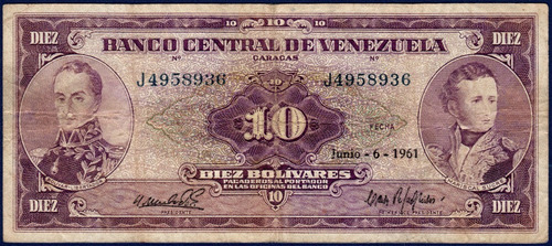 Billete 10 Bolívares J7 Junio 6 1961 Bolívar Y Sucre