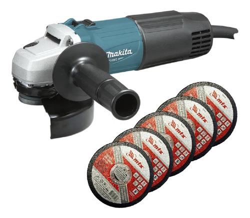 Kit Esmerilhadeira Angular 115mm Makita + 5 Discos Cor Azul-turquesa 220v