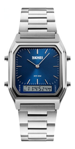 Reloj Skmei Anadigi 1220, plateado y azul, cronógrafo, data, alarma, luz de fondo, color azul