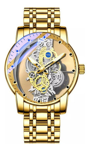 Reloj automático para hombre con correa dorada, pulsera de acero con forma de esqueleto de color