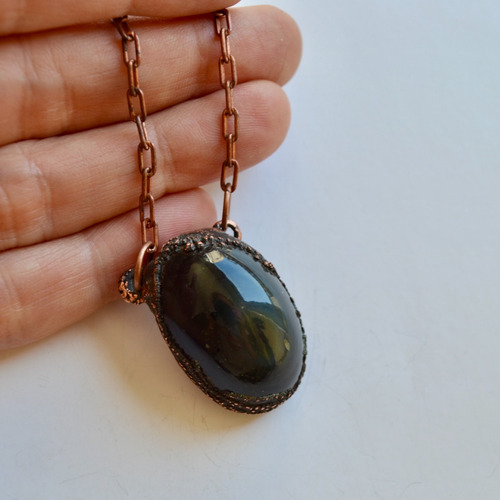 Imagen 3 de 9 de Collar Dije Obsidiana, Cadena De Cobre, Regalo Joyeria Autor