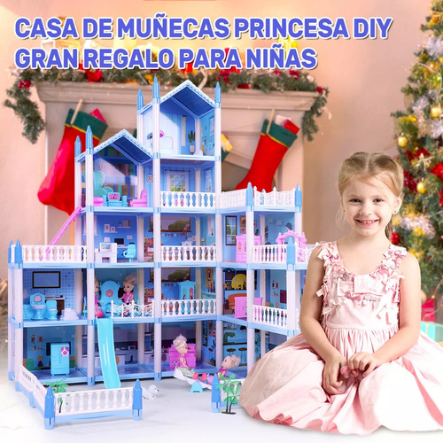 Casa De Muñecas Grande Con Muebles, 16 Cuarto,4 Muñecas,azul
