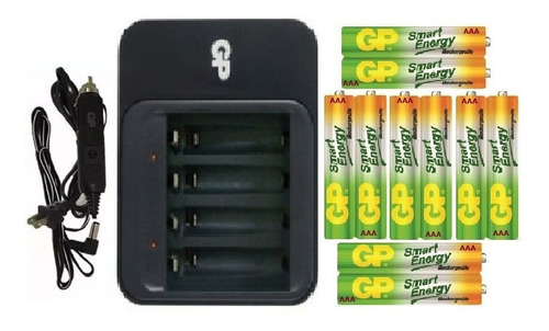 Cargador Gp Con Adaptador + 10 Baterias Pilas Recargable Aaa