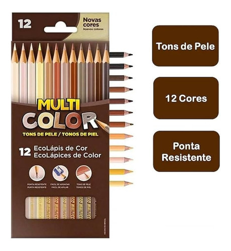 Lápis De Cor Tons De Pele 12 Cores+ 2 Quadrinhos Mdf Colorir Multicolor