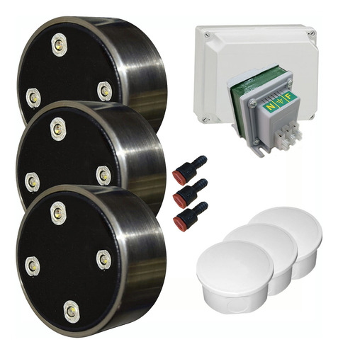 Kit Completo Iluminacion Pileta Hormigon 3 Luces Led Sumergibles Hidroled 12w Luz Blanca De Acero Inox. Macizo 316 + Transformador + Caja Estanca + Cajas De Pase Listo Para Instalar