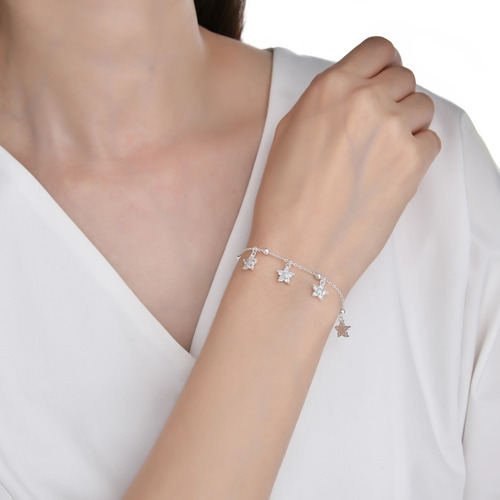 Pulsera Flores Piedritas Plata 925 Mujer Regalo Blanco 21 Cm