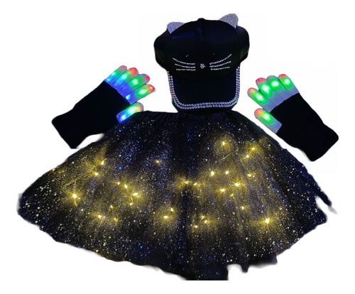 Disfraz Princesa Pollera Gorra Guante Luminoso Led Cotillon