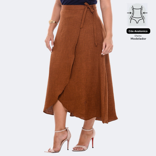 Saia Feminina Envelope Transpassada Godê Longa Midi Crepe