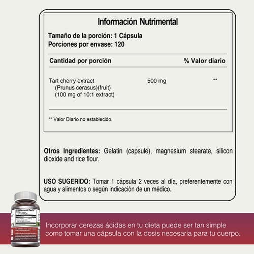 Amazing Formulas Tart Cherry 1000 Mg Antioxidante 120 Cáps Sabor Sin Sabor