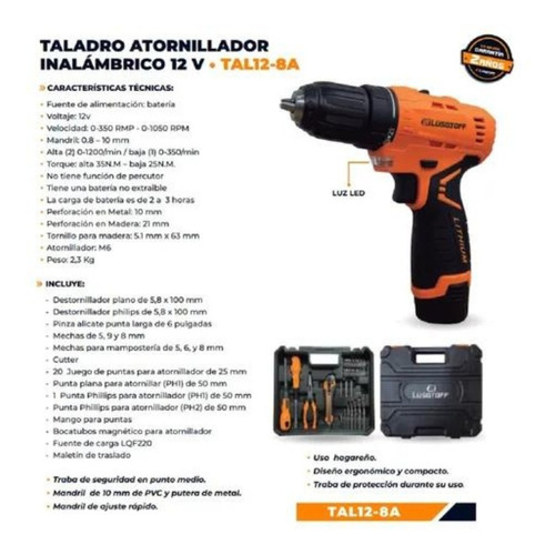 Imagen 2 de 10 de Taladro Atornillador Inalámbrico 12v Lusqtoff Maletín + Acce