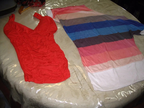 Lote 2 Remeras Roja Corset Basica Y Rallada Un Solo Hombro