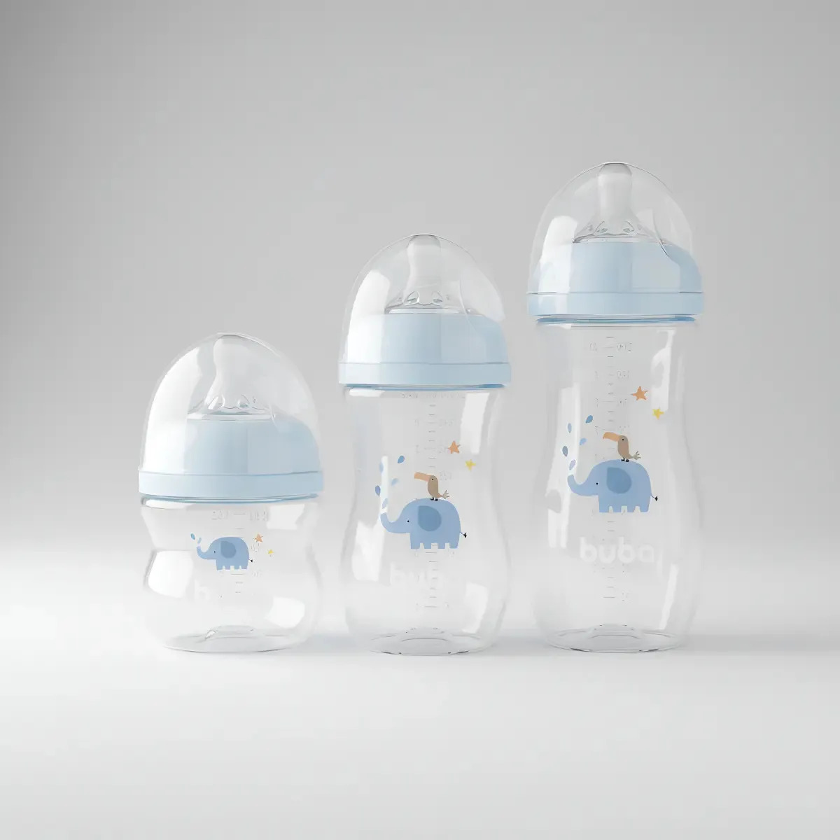 Kit 3 Mamadeiras 120, 270 E 330ml Bico Supersoft Macio Buba Azul Elefante