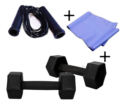 Kit Mancuernas 1k Rellenas  + Soga Salto Pvc + Banda Larga C